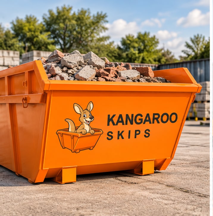 Photorealistic Kangaroo Skips skip branding concept