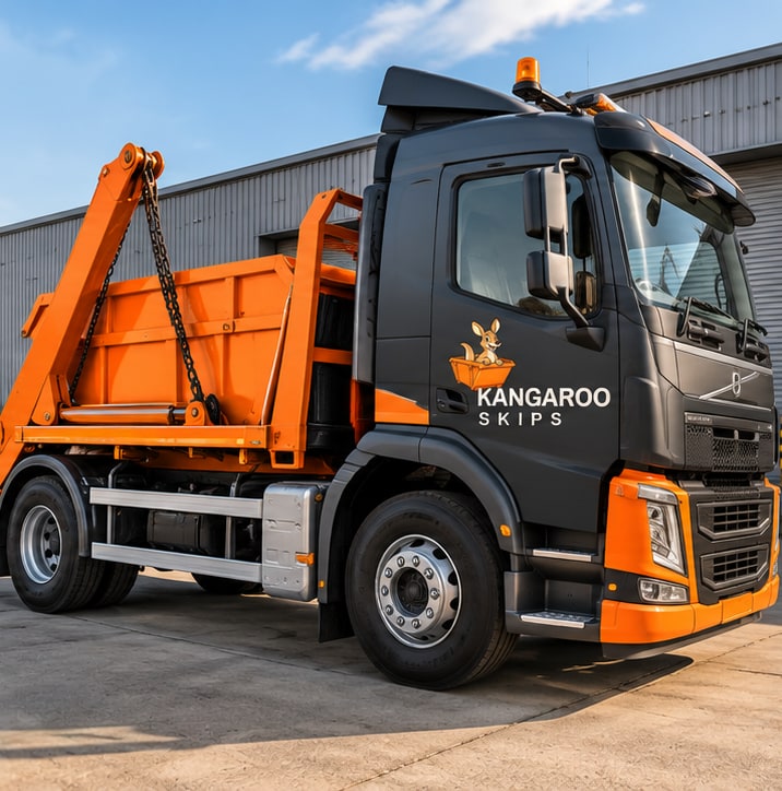Photorealistic Kangaroo Skips truck branding concept