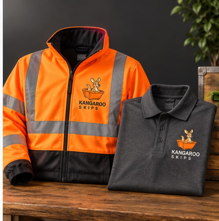 Photorealistic Kangaroo Skips workwear branding concept