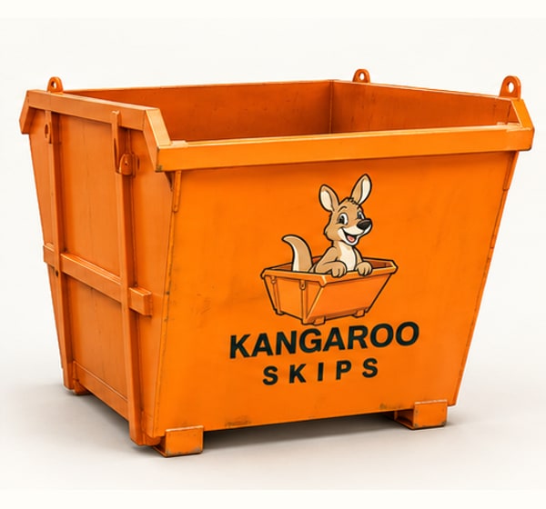 Photorealistic concept of an orange 12 cubic yard Kangaroo Skips container