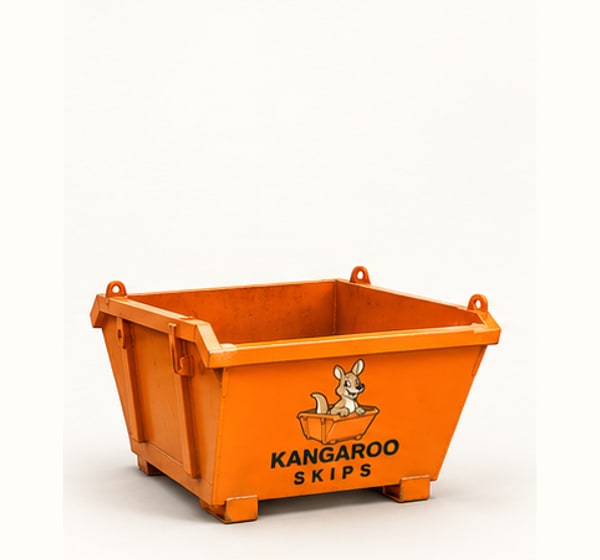 Photorealistic concept of an orange 2 cubic yard Kangaroo Skips container