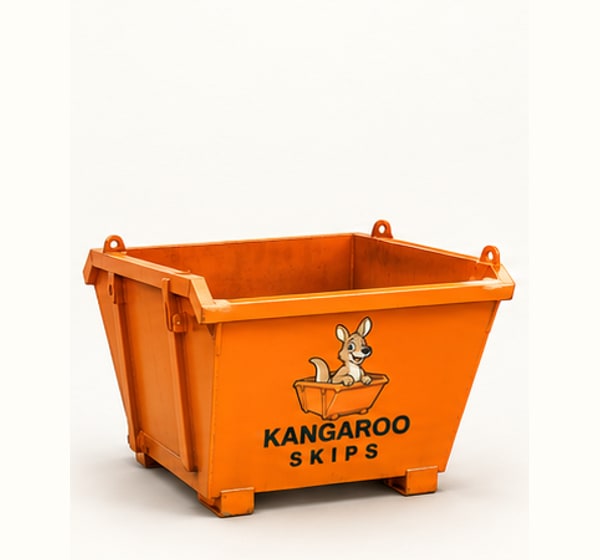 Photorealistic concept of an orange 4 cubic yard Kangaroo Skips container