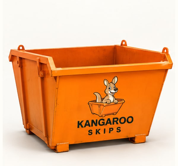 Photorealistic concept of an orange 8 cubic yard Kangaroo Skips container